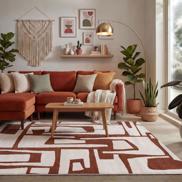Modern living room with a red sofa, coffee table, and geometric rug.