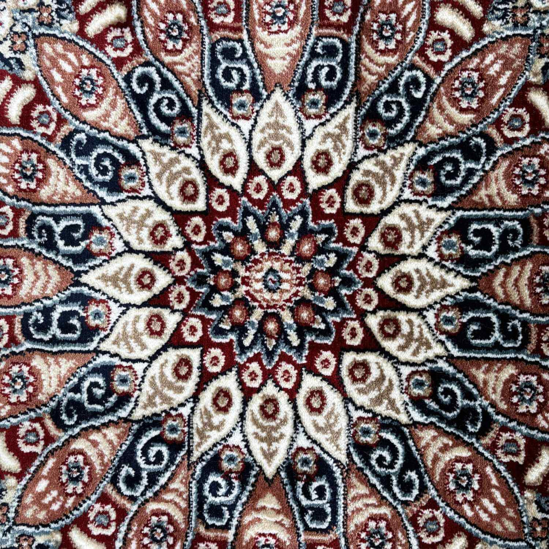 Close-up of a patterned rug with intricate designs in red, beige, and black.