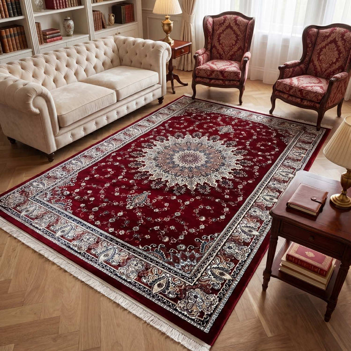 Living room with a large red patterned rug, beige sofa, and ornate chairs.