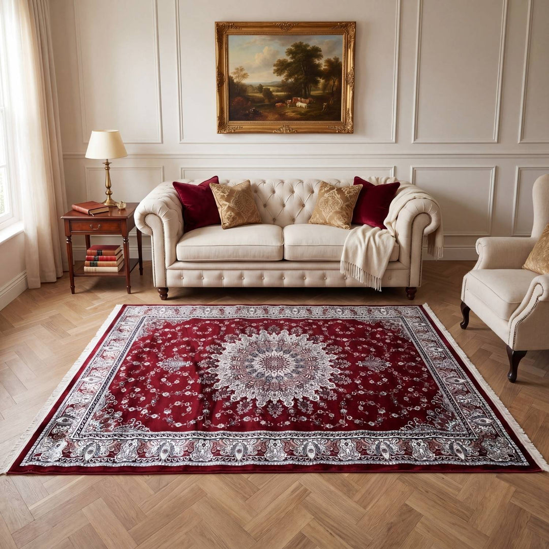 Living room with a red patterned rug, beige sofa, and armchair.