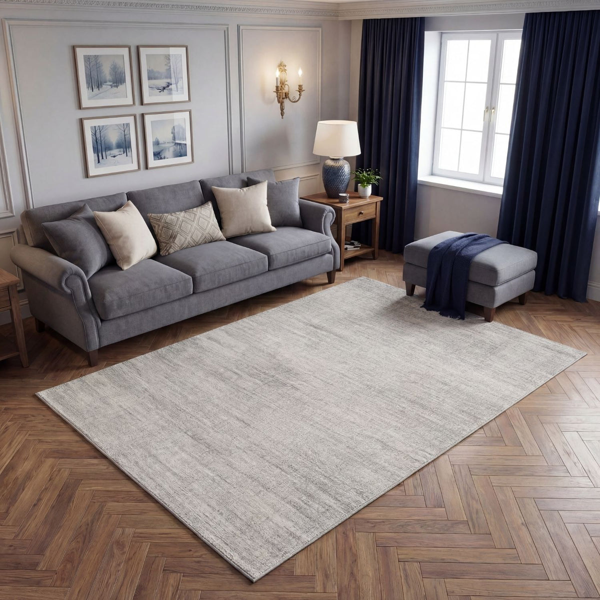 Living room with a grey sofa, rug, and decorative elements.