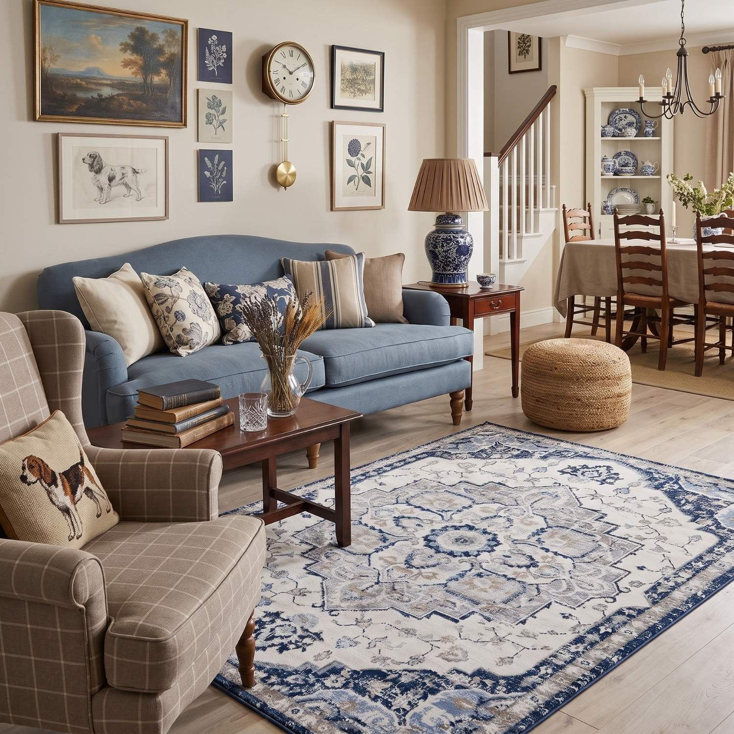 Living Room Rug Montana Design In Blue, vintage design rug, stain-resistant, easy care.