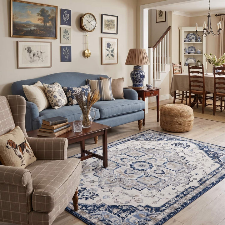 Living Room Rug Montana Design In Blue, vintage design rug, stain-resistant, easy care.