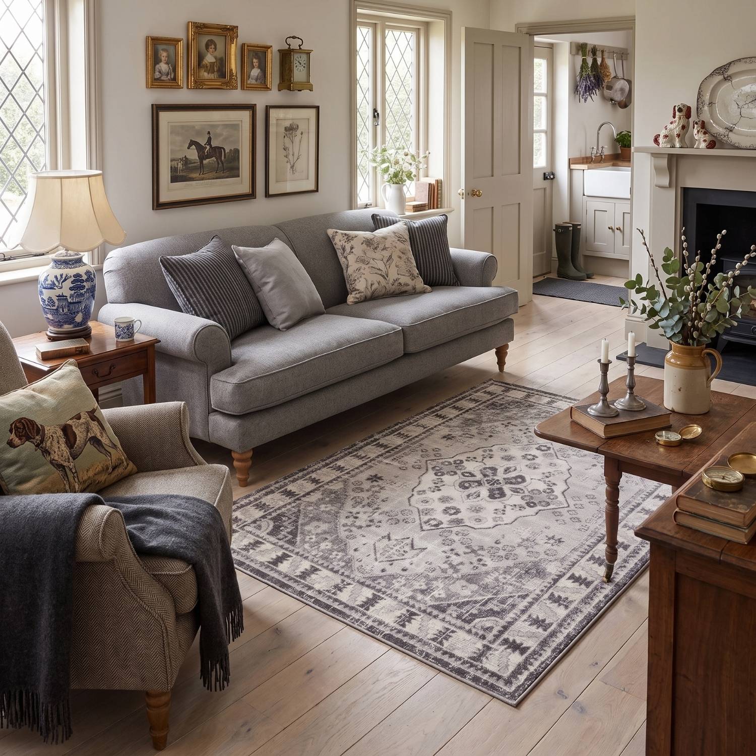 Living Room Medallion Design Grey Rug