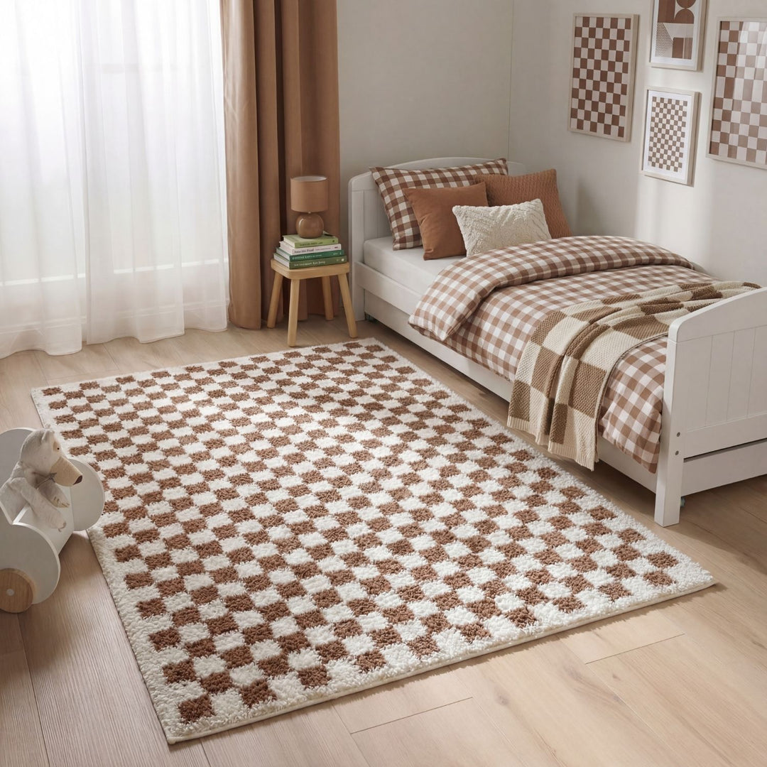 Moodi Shaggy Brown Rug, Tartan design, soft and comfortable pile | THE RUGS