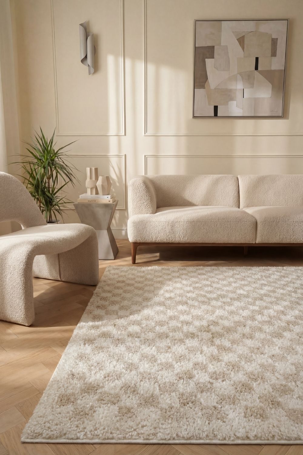 Moodi Shaggy Cream Rug, soft & fluffy pile, tartan design | THE RUGS