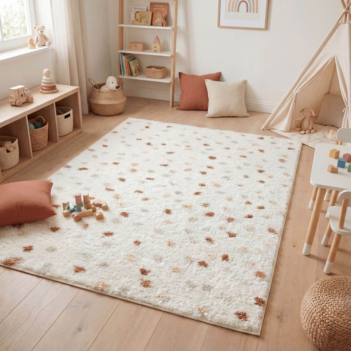 Moodi Shaggy Cream/Brown Rug, Dots design, Underfloor heating | THE RUGS