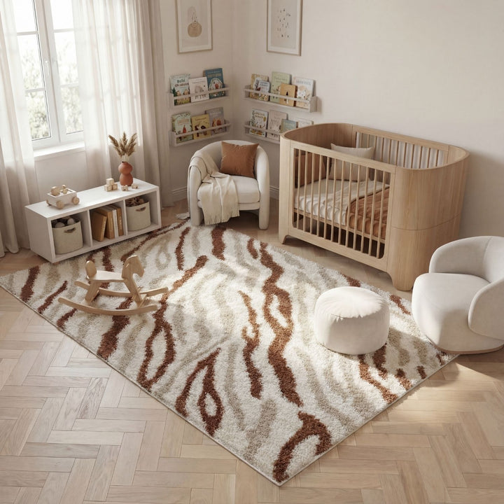 Moodi Shaggy Cream/Brown, abstract design, underfloor heating | THE RUGS