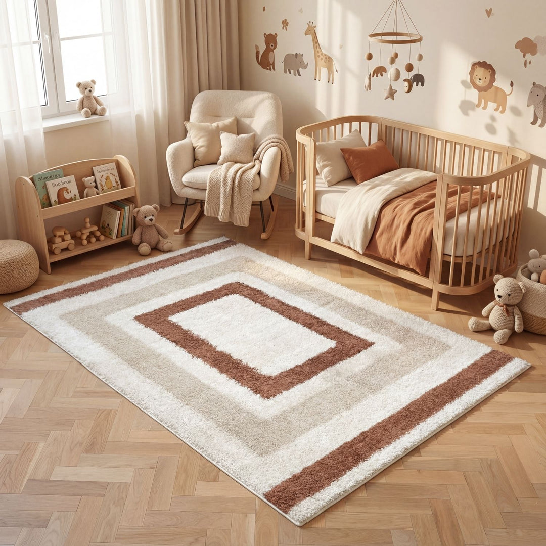 Moodi Shaggy Cream/Brown Rug, Bordered design, easy to clean, fluffy pile| THE RUGS