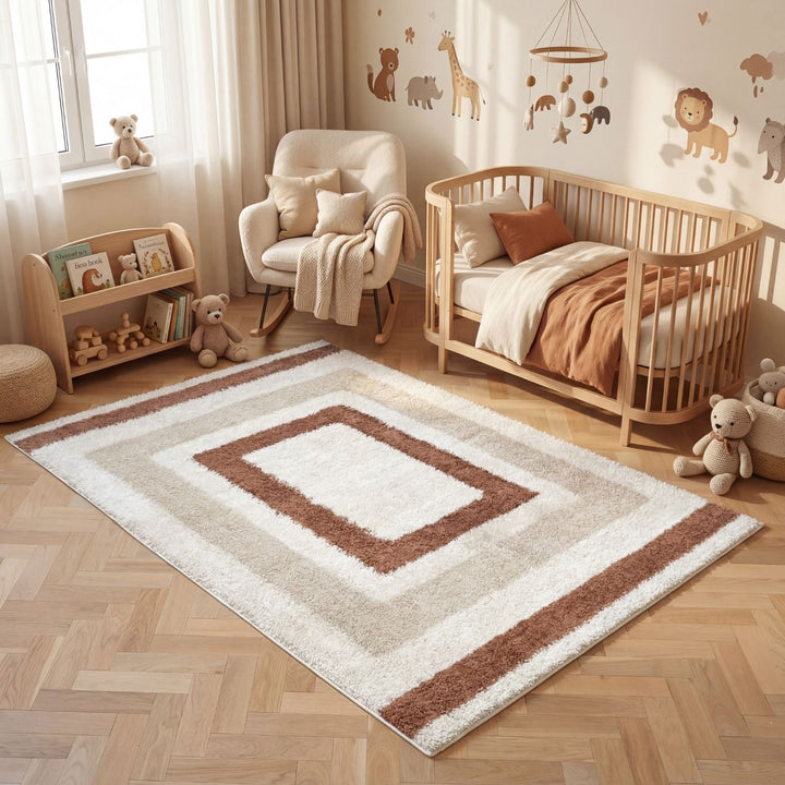 Moodi Shaggy Cream/Brown Rug, Bordered design, easy to clean, fluffy pile| THE RUGS