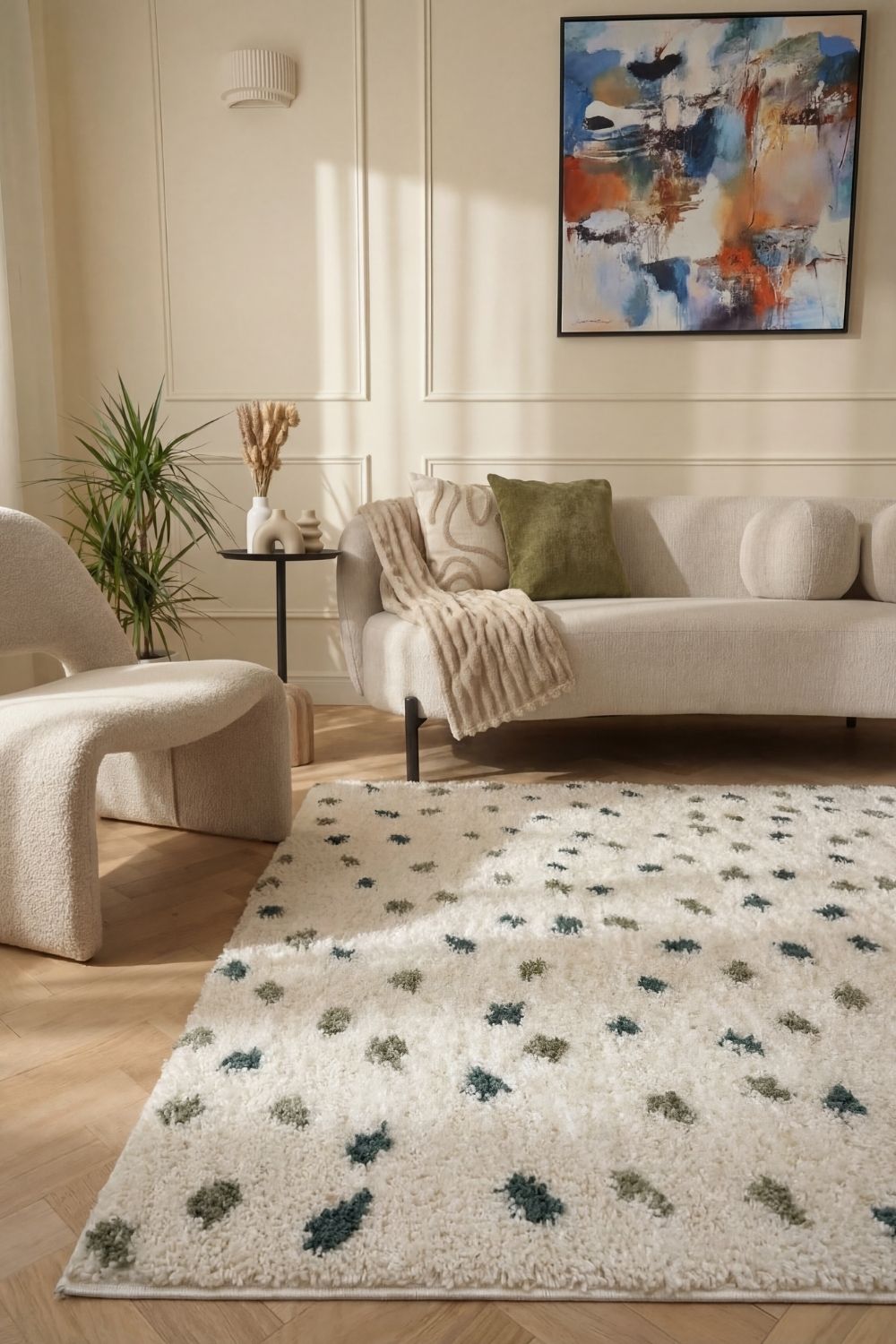 Moodi Shaggy Green Rug, Dots design, Underfloor heating | THE RUGS