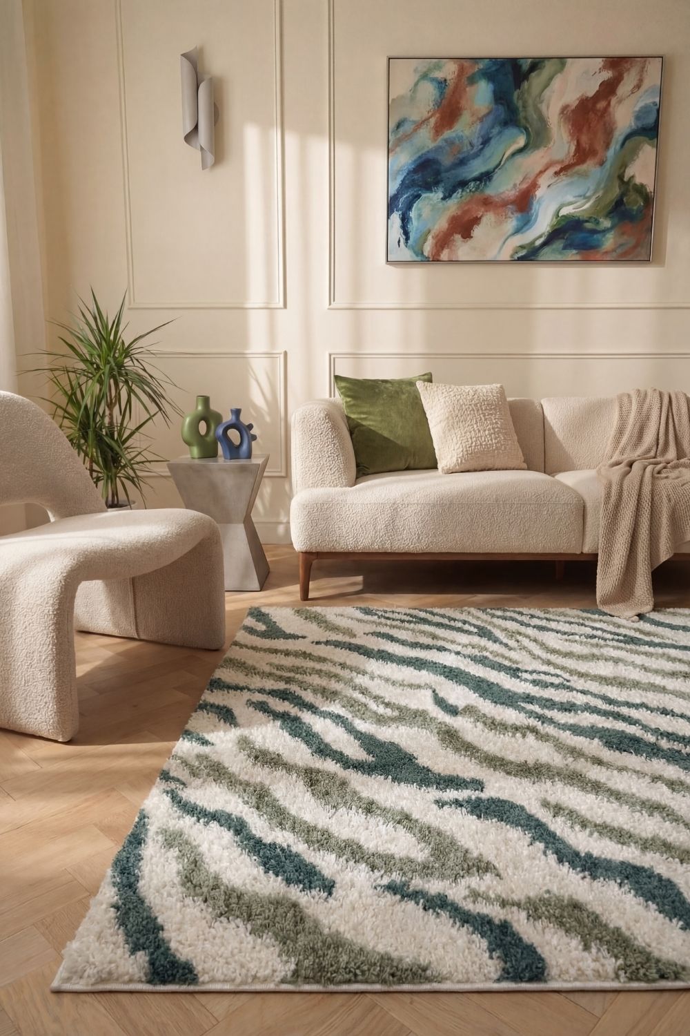 Moodi Shaggy Green Rug, abstract design, 30 mm plush pile | THE RUGS