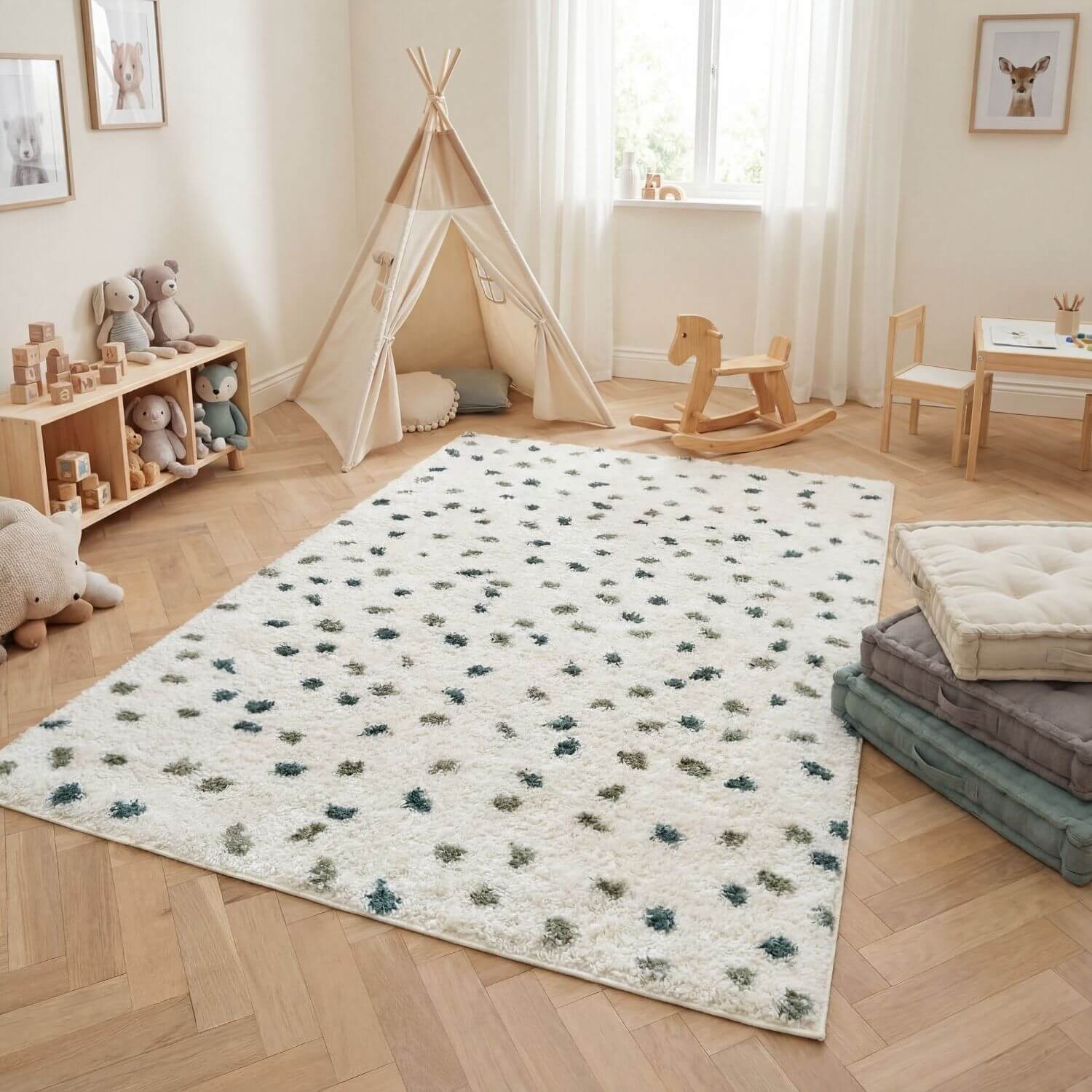 Moodi Shaggy Green Rug, Dots design, Underfloor heating | THE RUGS