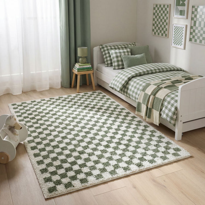 Moodi shaggy Green tartan design rug, Fluffy & soft pile | THE RUGS