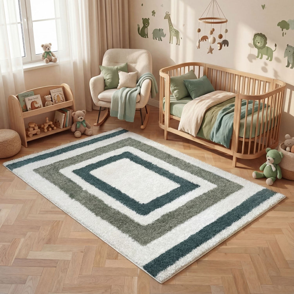 Moodi Shaggy Green Rug, Bordered design, underfloor heating | THE RUGS