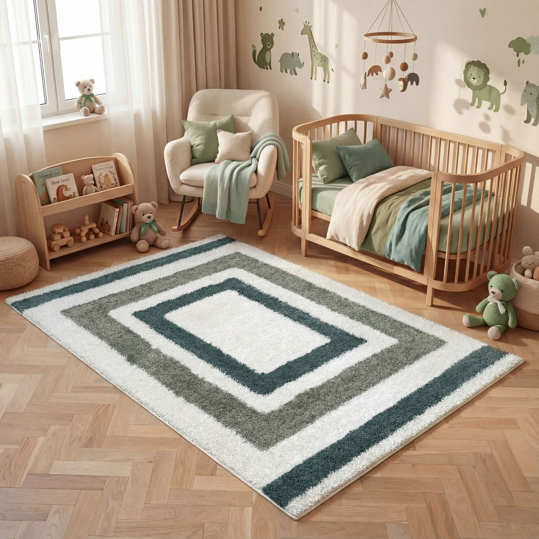 Moodi Shaggy Green Rug, Bordered design, underfloor heating | THE RUGS