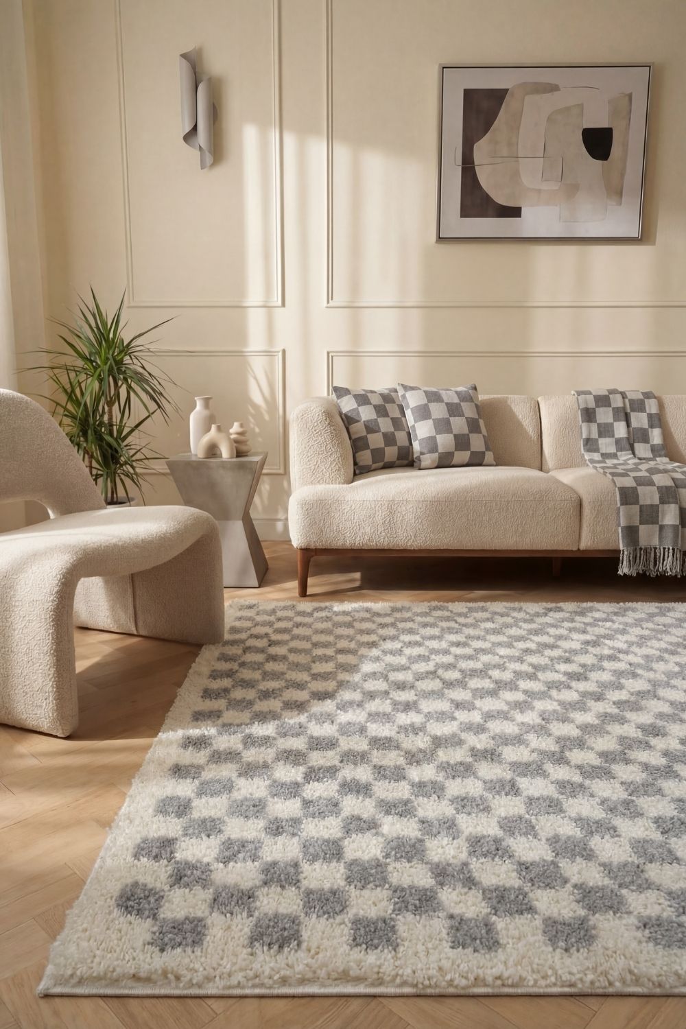 Moodi Shaggy Grey Rug, Tartan design, Underfloor heating | THE RUGS