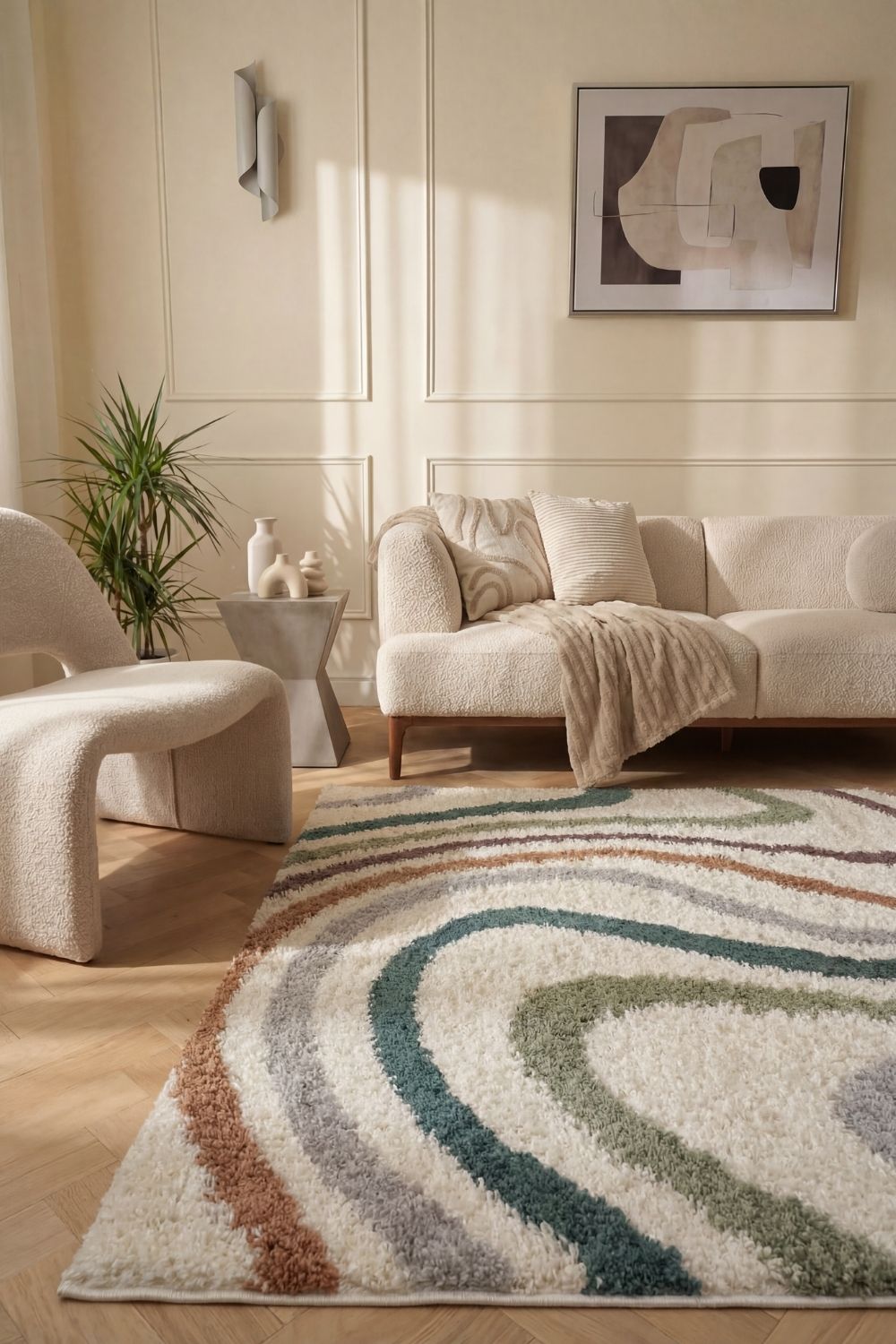 Moodi Shaggy Multicolour Rug, Striped design, Easy to clean| THE RUG