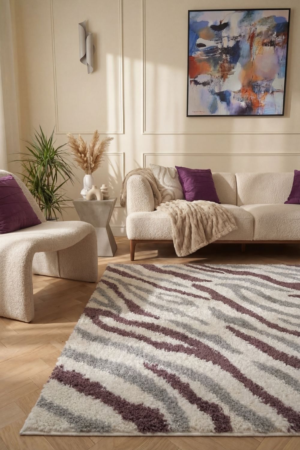 Moodi Shaggy Grey/Purple Rug, abstract design, soft pile | THE RUGS