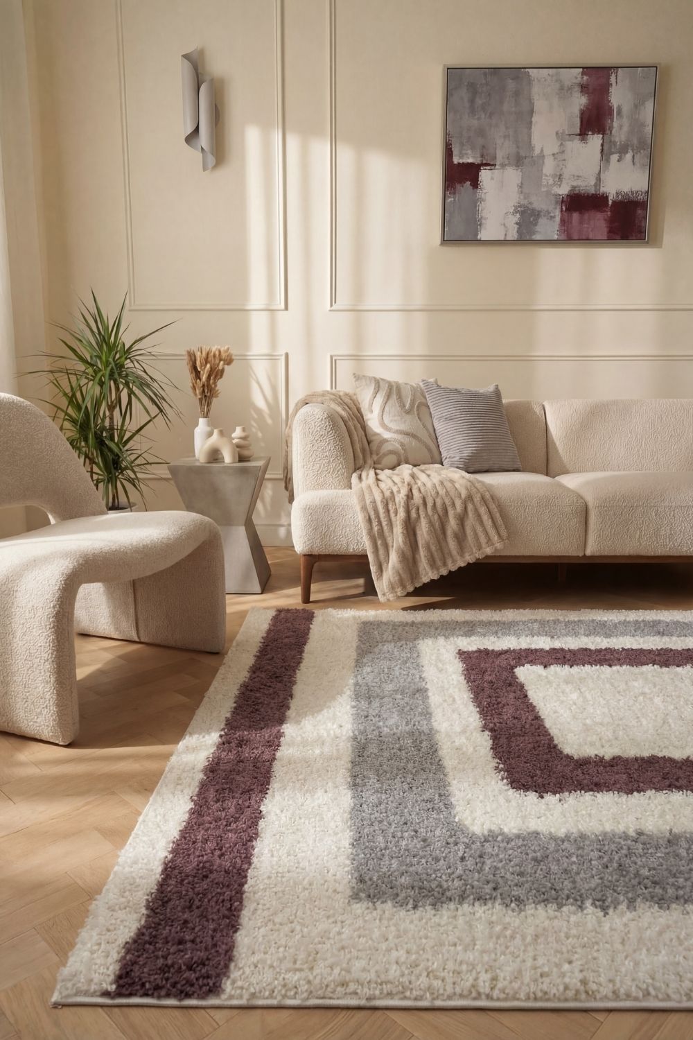 Moodi Shaggy Grey/Purple Rug, classic bordered design, fluffy pile | THE RUGS