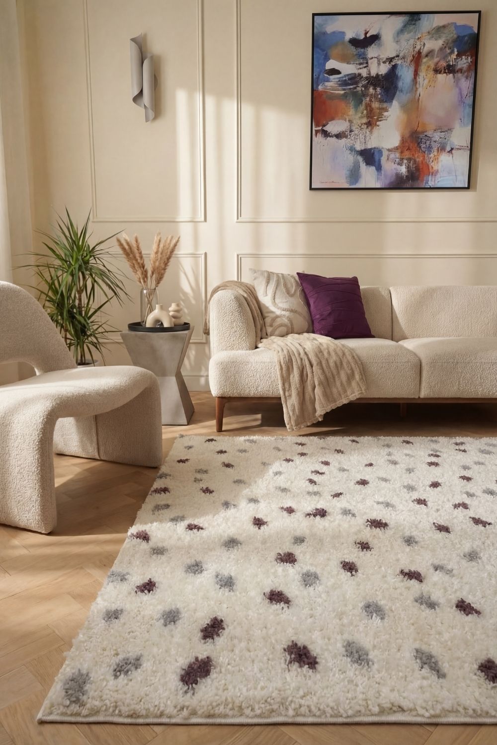 Moodi Shaggy Grey/Purple Rug, dots design, underfloor heating rug | THE RUGS