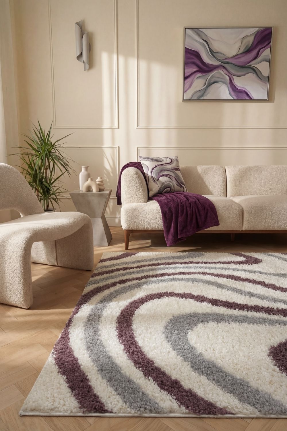 Moodi Shaggy Grey/Purple rug, striped design, soft pile | THE RUGS