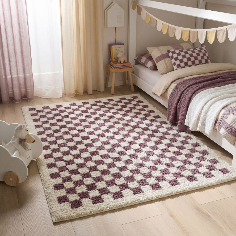 Moodi Shaggy Purple Rug, tartana design, Easy maintenance | THE RUGS