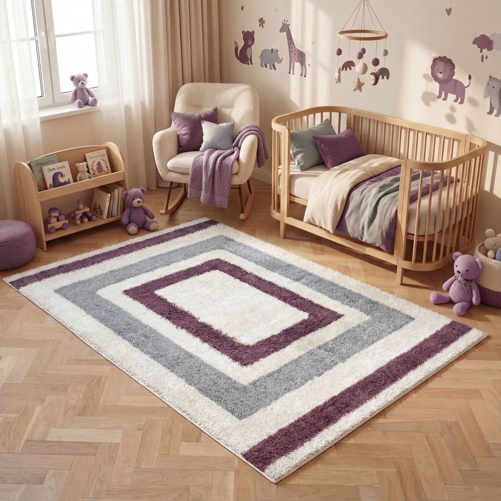 Moodi Shaggy Grey/Purple Rug, classic bordered design, fluffy pile | THE RUGS