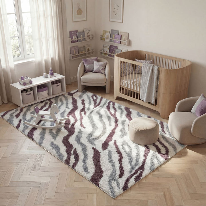 Moodi Shaggy Grey/Purple Rug, abstract design, soft pile | THE RUGS