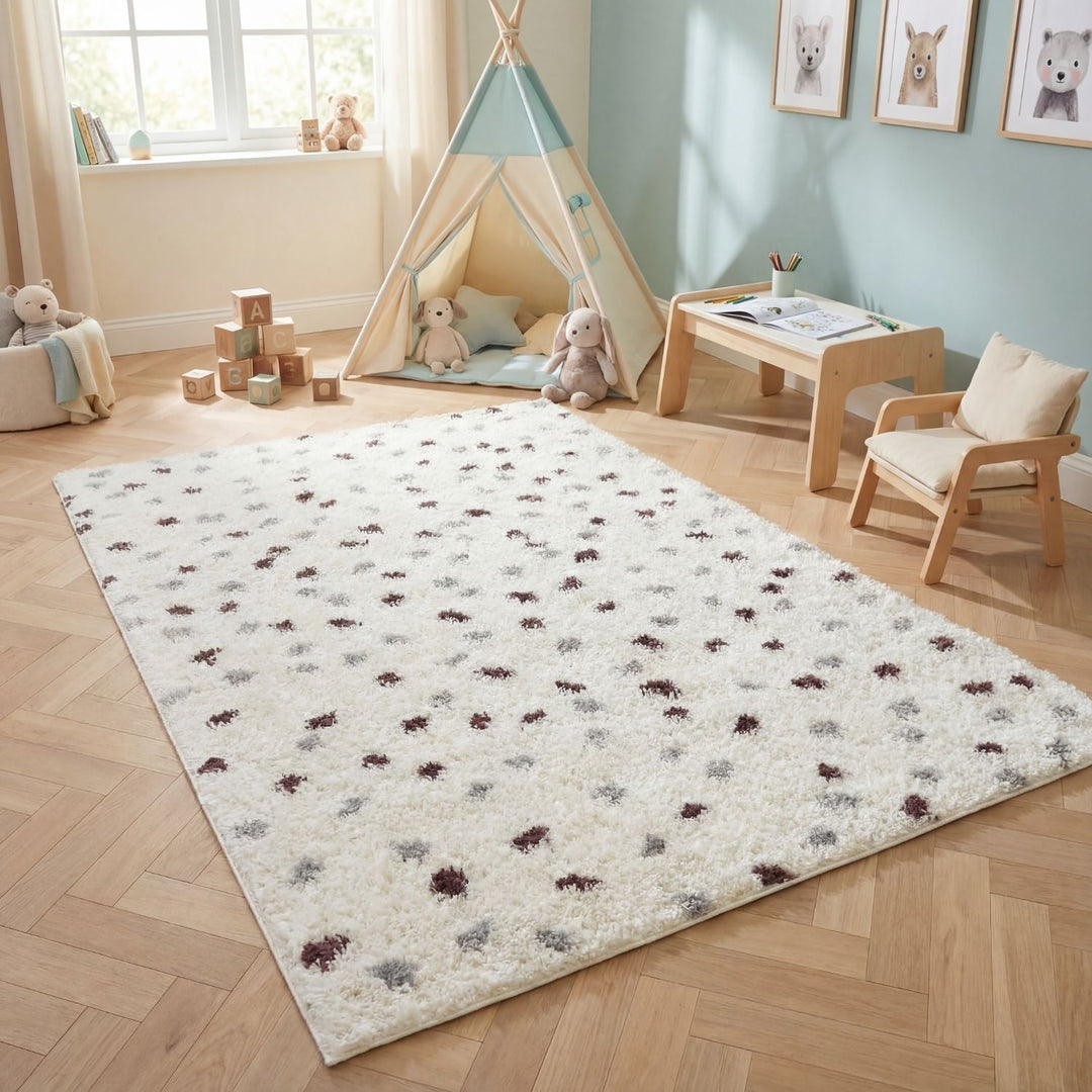 Moodi Shaggy Grey/Purple Rug, dots design, underfloor heating rug | THE RUGS