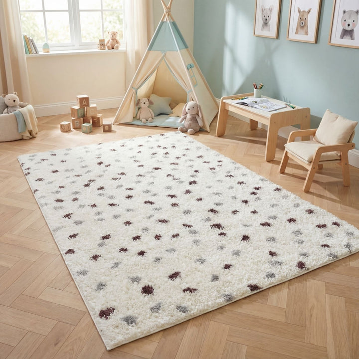 Moodi Shaggy Grey/Purple Rug, dots design, underfloor heating rug | THE RUGS