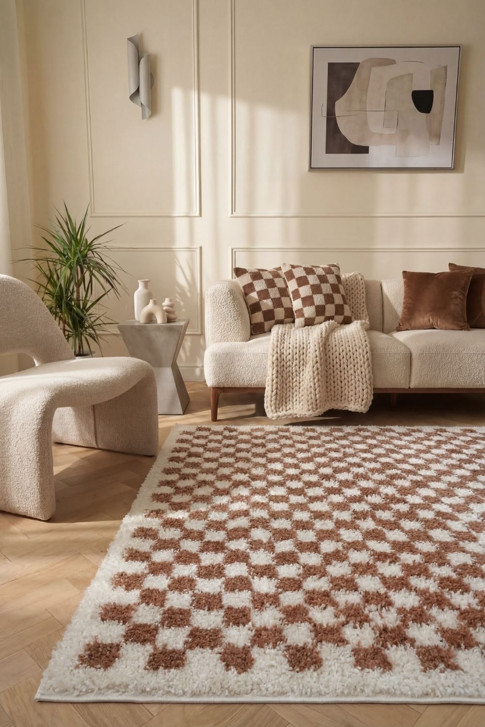 Moodi Shaggy Brown Rug, Tartan design, soft and comfortable pile | THE RUGS