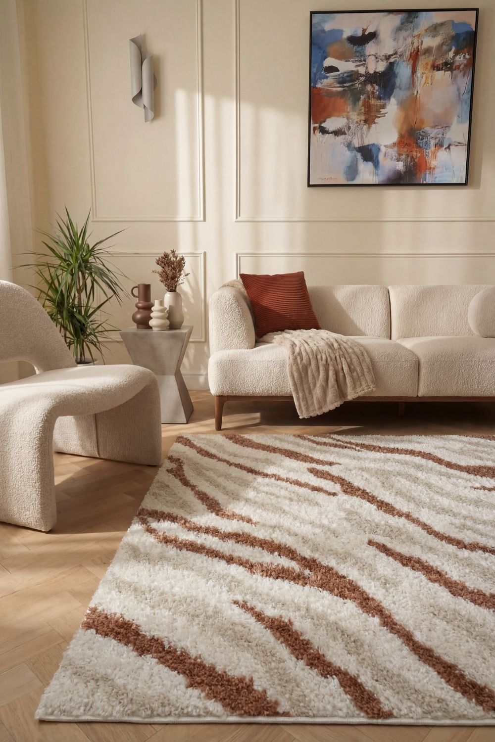 Moodi Shaggy Cream/Brown, abstract design, underfloor heating | THE RUGS