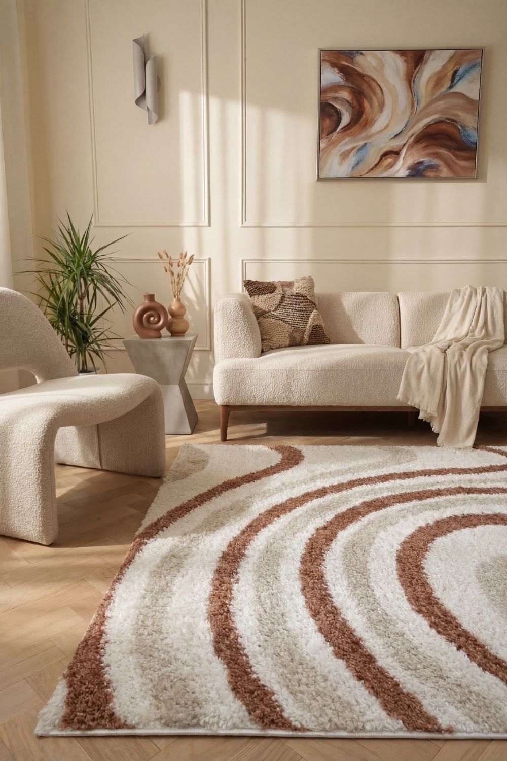 Moodi Shaggy Cream/Brown Rug, Striped design, soft pile | THE RUGS