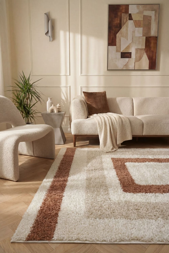 Moodi Shaggy Cream/Brown Rug, Bordered design, easy to clean, fluffy pile| THE RUGS
