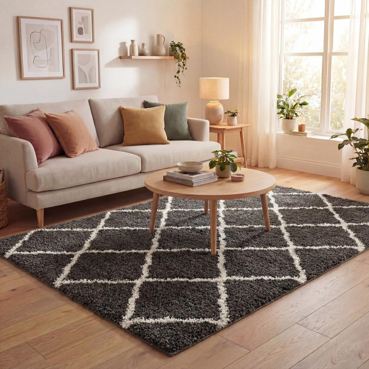 Moroccan Design Thick Shaggy Area Rugs Dark Grey