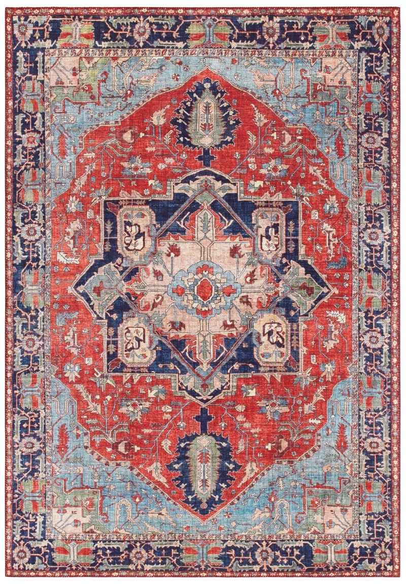 Decorative rug with a geometric pattern in red, blue, and beige.