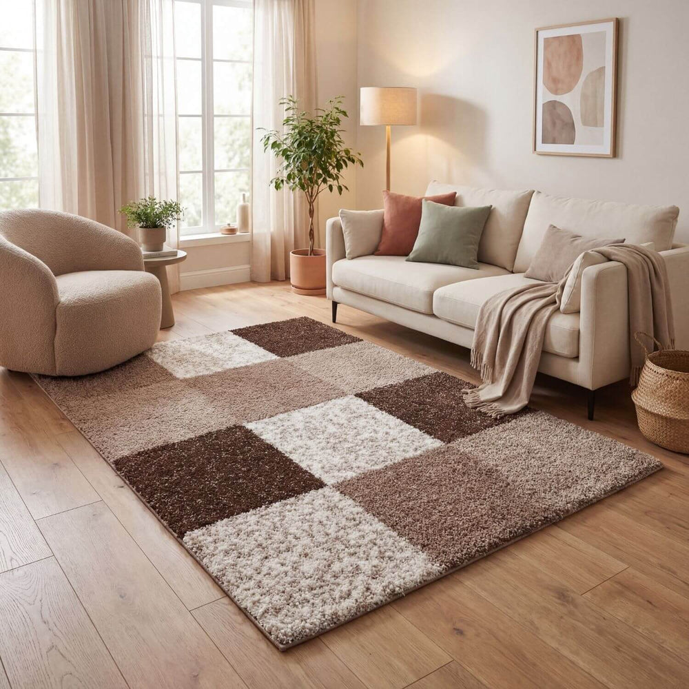 Living room with a checkered area rug, beige sofa, and armchair.