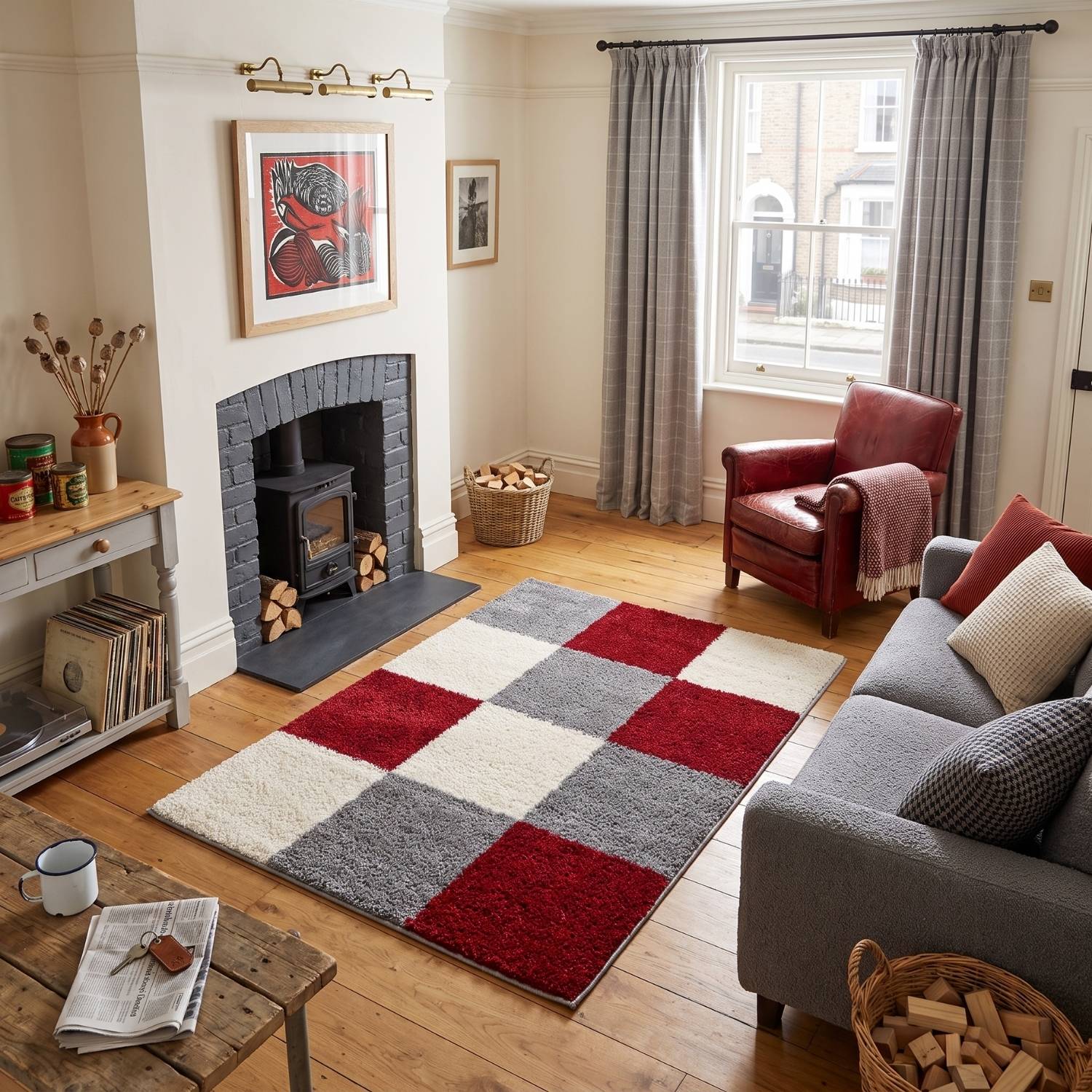 Checkered rug with red, gray, and white squares, shaggy geometric rug, non-shedding rug.