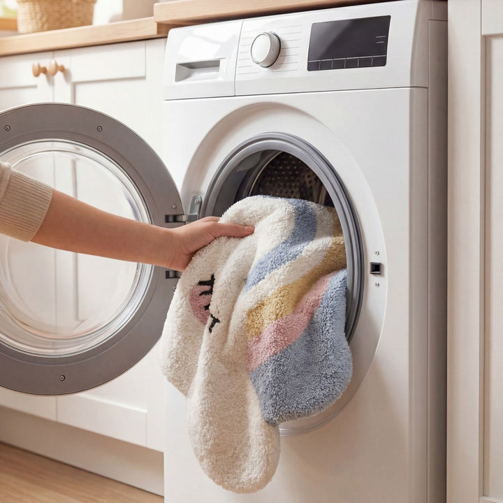 Person taking a colorful towel out of a washing machine in a kitchen.