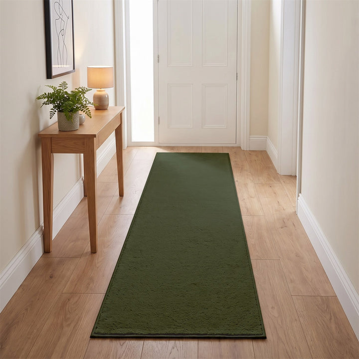 Washmellow olive green washable runner in a hallway | The Rugs