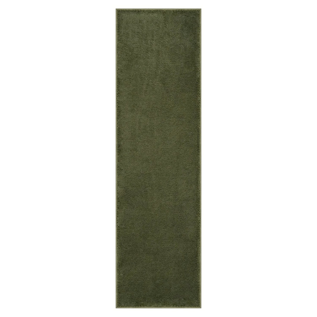 Washmellow olive green washable runner, top view of the 80x280 runner | The Rugs
