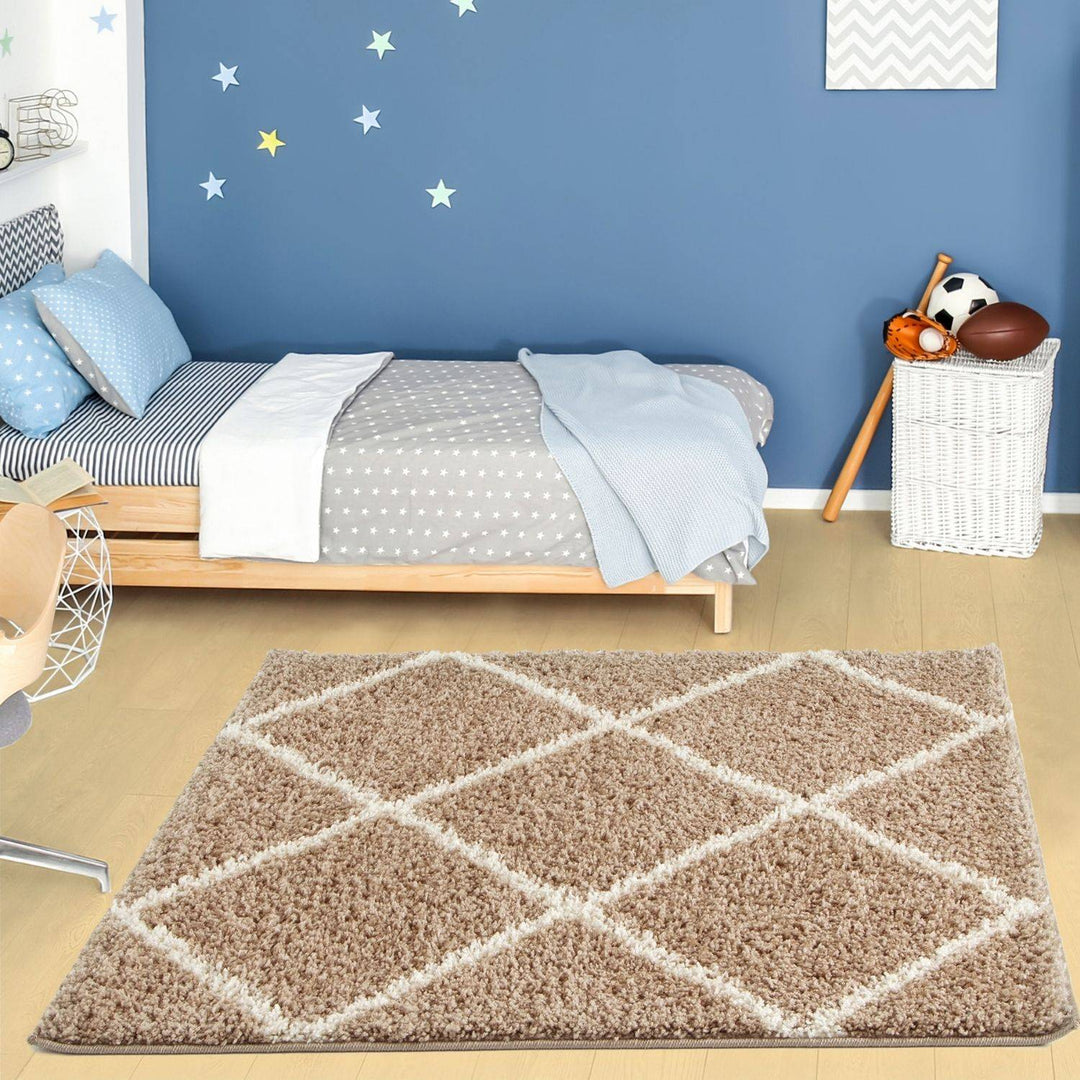 Diamond Design Thick Shaggy Area Rugs Beige