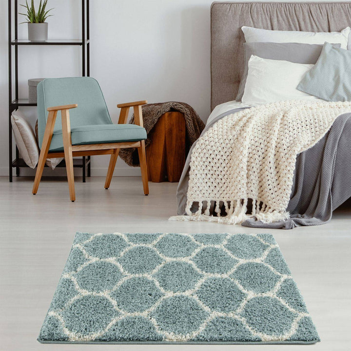 Trellis Design Thick Shaggy Area Rugs Duck Egg Blue