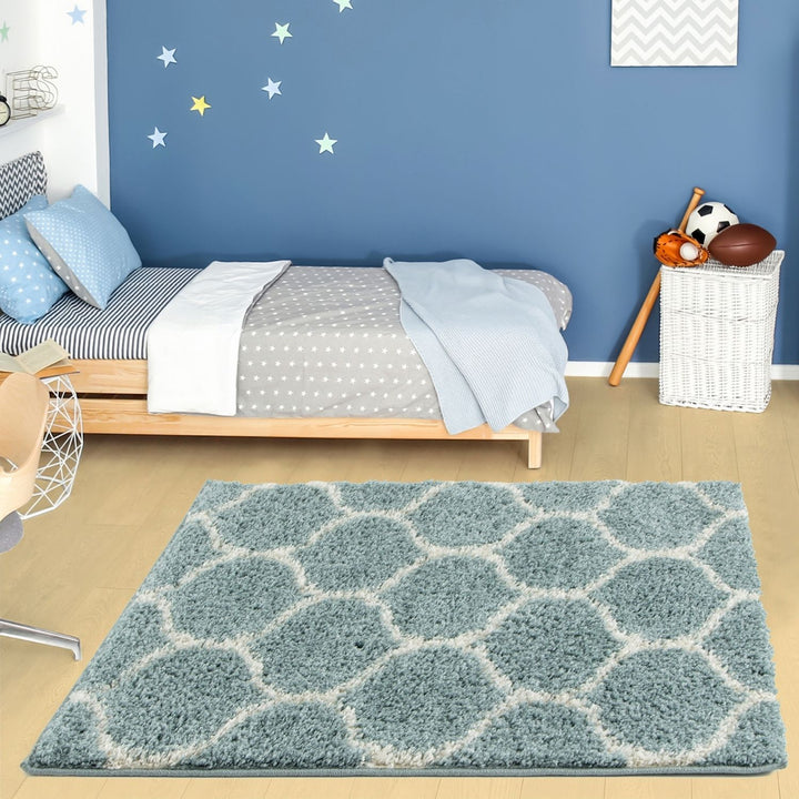 Trellis Design Thick Shaggy Area Rugs Duck Egg Blue