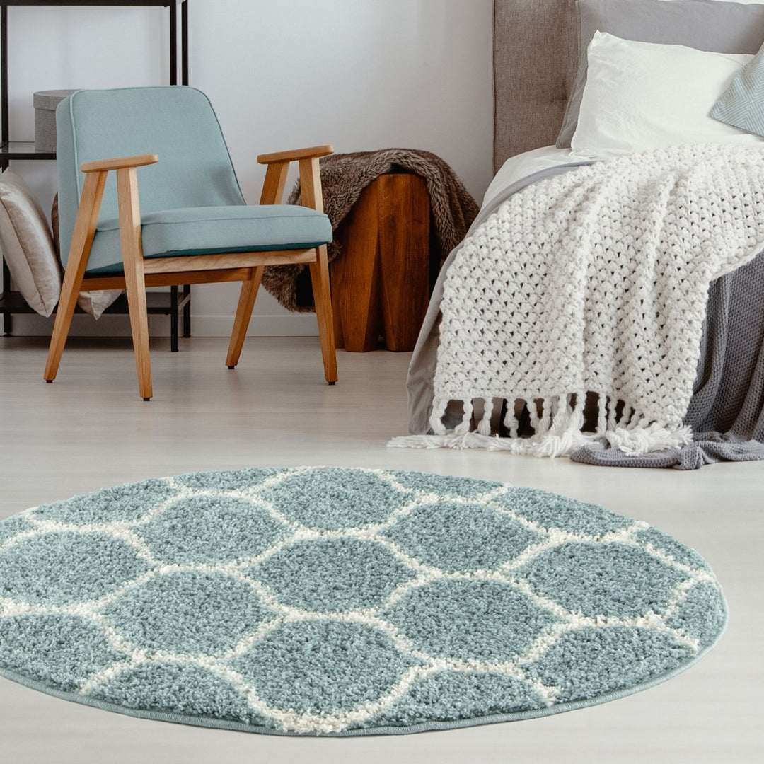 Trellis Design Thick Shaggy Area Rugs Duck Egg Blue