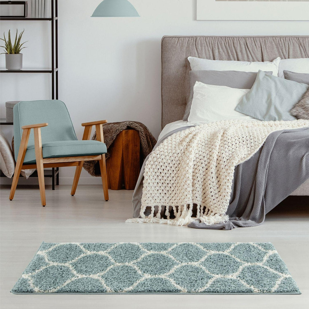 Trellis Design Thick Shaggy Area Rugs Duck Egg Blue