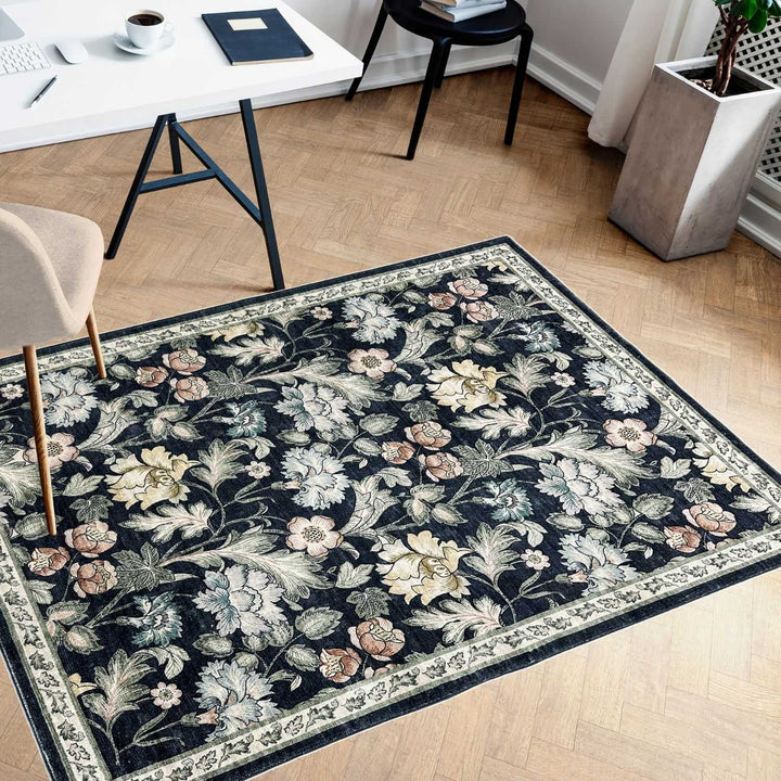 midnight-floral-rug-mlticoloured-flowers-in black background-plush feel
