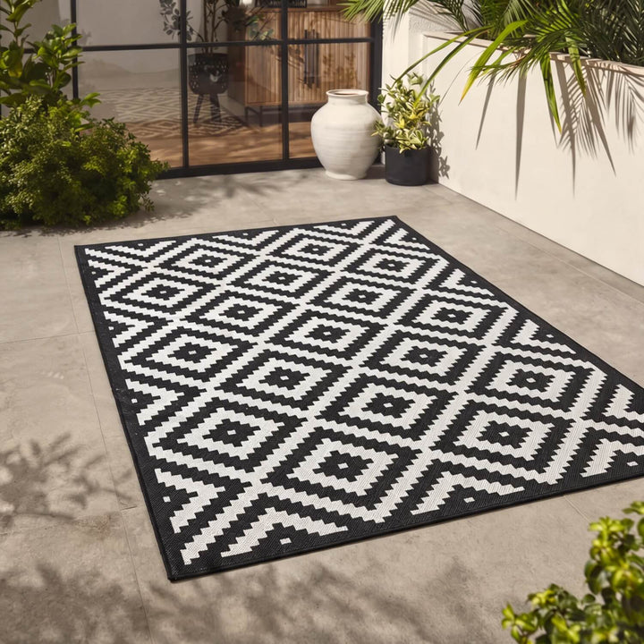 Black and white geometric patterned rug on a patio with plants and a door in the background