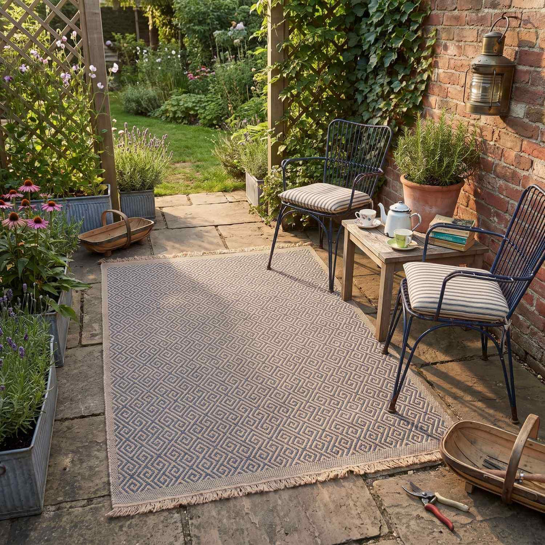 Nature Blue outdoor rug is resistant to moisture and UV protected